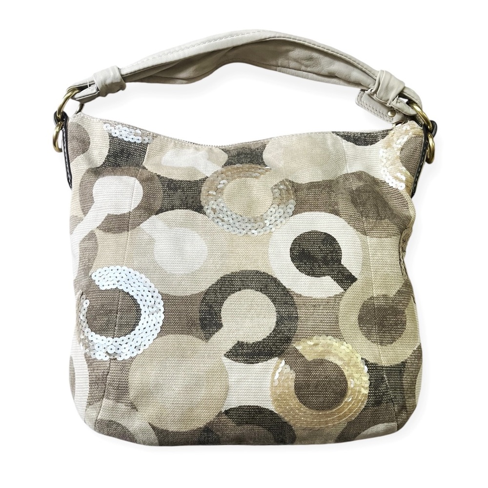 Coach Kristin Signature C Sequin Tan Ivory Khaki Canvas Hobo Tote Shoulder Bag - Picture 2 of 16